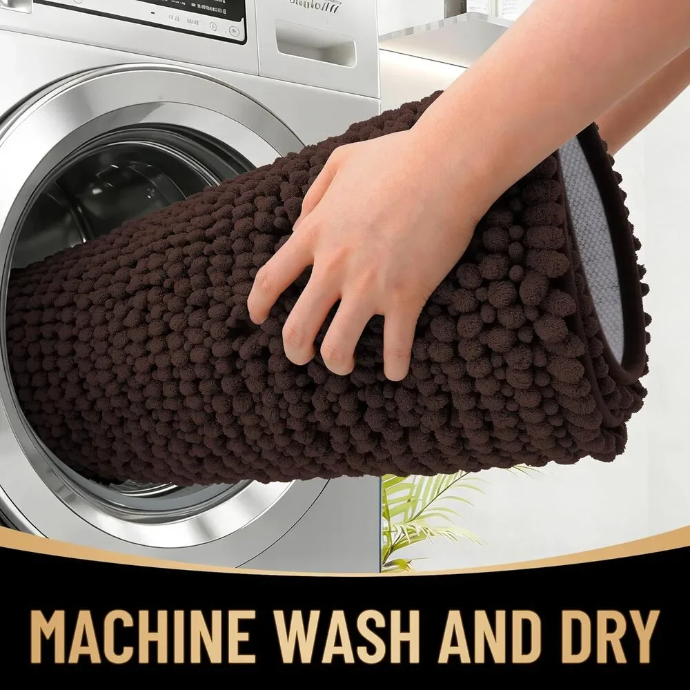 OLANLY Thick Bathroom Rugs 24x16, Chenille Bath Rugs, Rubber Backing, Brown
